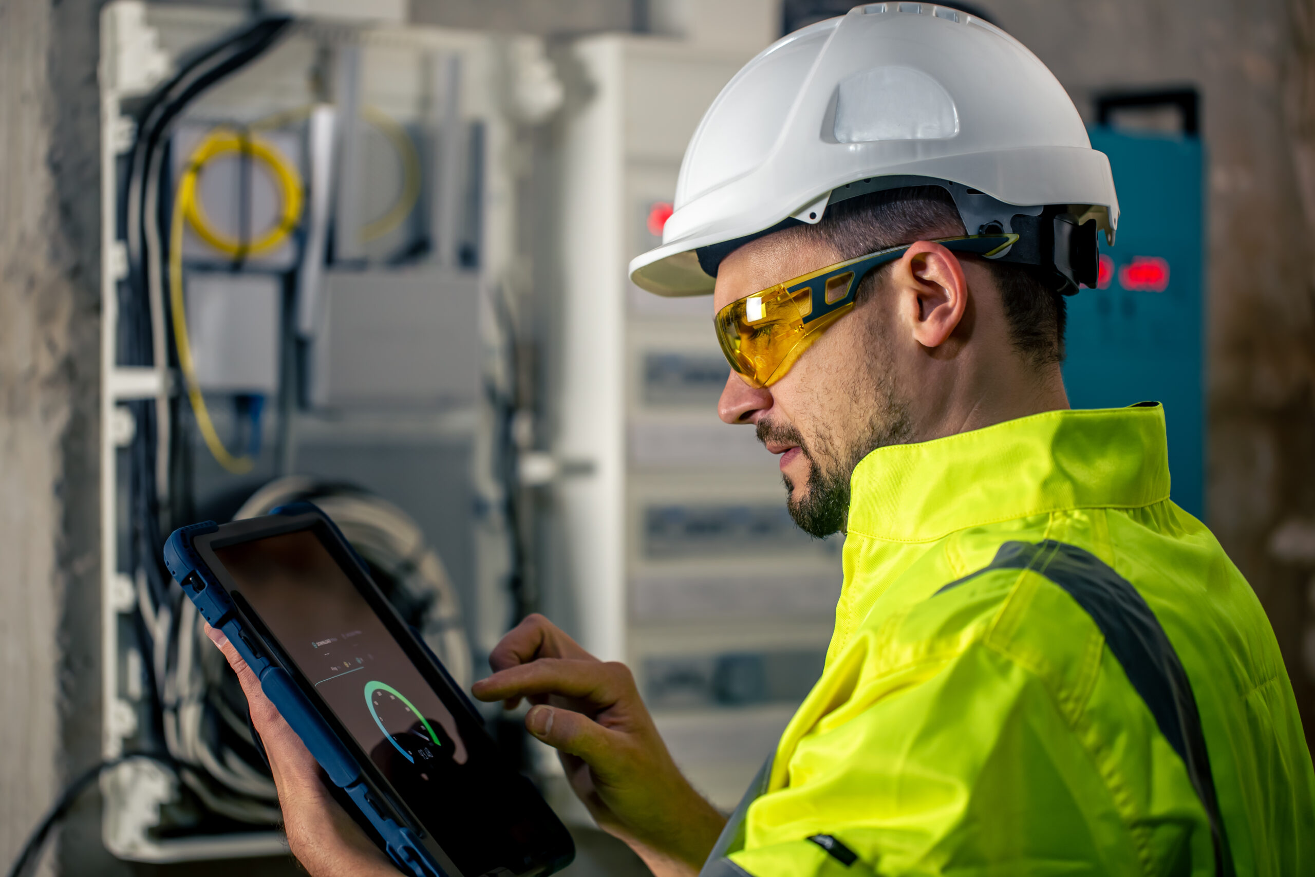 Man an electrical technician working in a switchboard with fuses, uses a tablet.